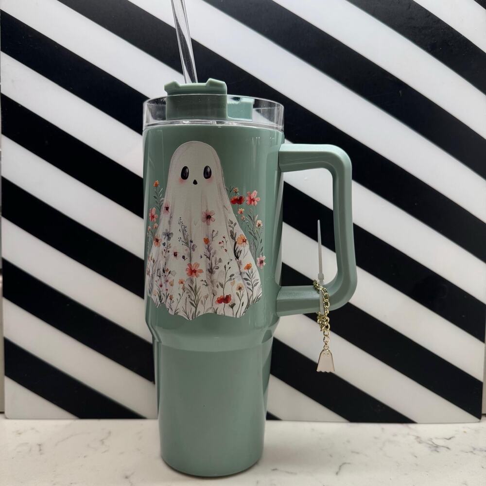 Halloween: Wildflower Ghost Stainless Steel Tumbler With Charm